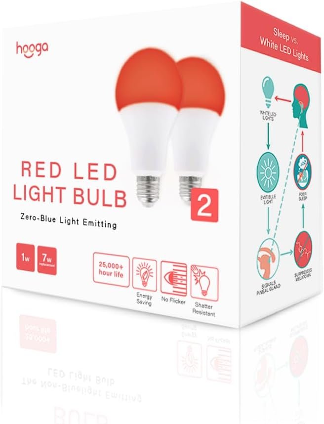 Hooga Sleep Bulb, Blue Light Blocking Red Night Light. 625nm Red Bulb for Healthy Sleep. Baby Nursery. 1W LED, 7W Replacement 2-Pack