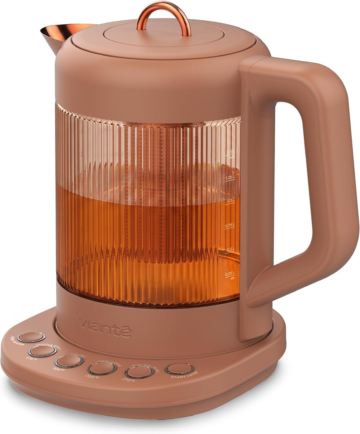 Viante Nina Electric Tea Kettle with Infuser, No Plastic In Contact With Water, 1.5L Borosilicate Glass, 304 Stainless Steel, 4 Temp Presets, Keep Warm, Cordless, Auto Shut-Off, Terracotta