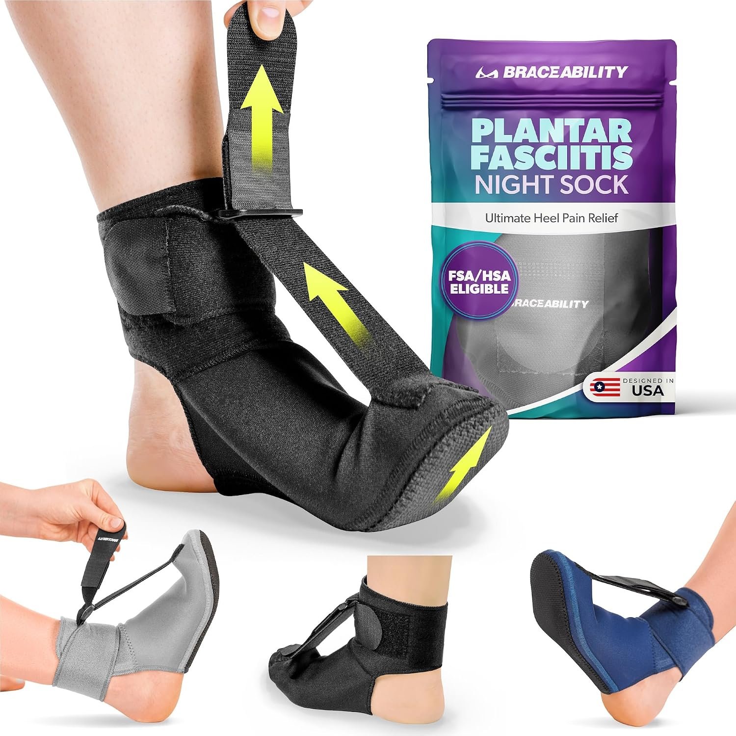 BraceAbility Plantar Fasciitis Night Splint Sock – Plantar Fascia Boot for Sleeping, Achilles Tendonitis Relief, Foot Drop, Heel Pain – Planter Facetious Brace for Women and Men – Black (S)