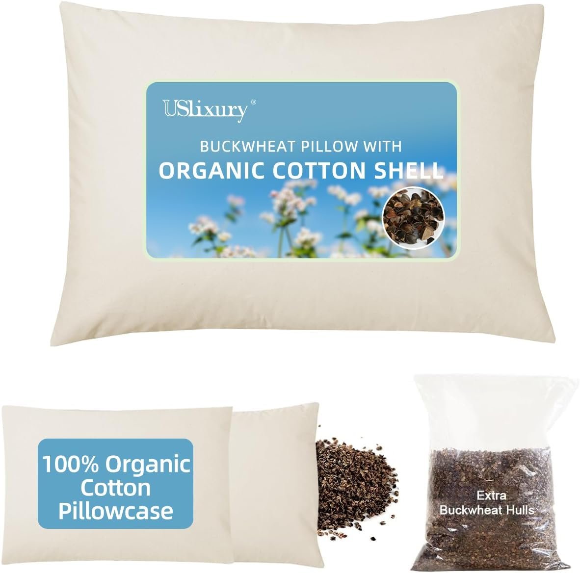 USlixury Organic Buckwheat Pillow 20×26, Adjustable Height, Neck Support