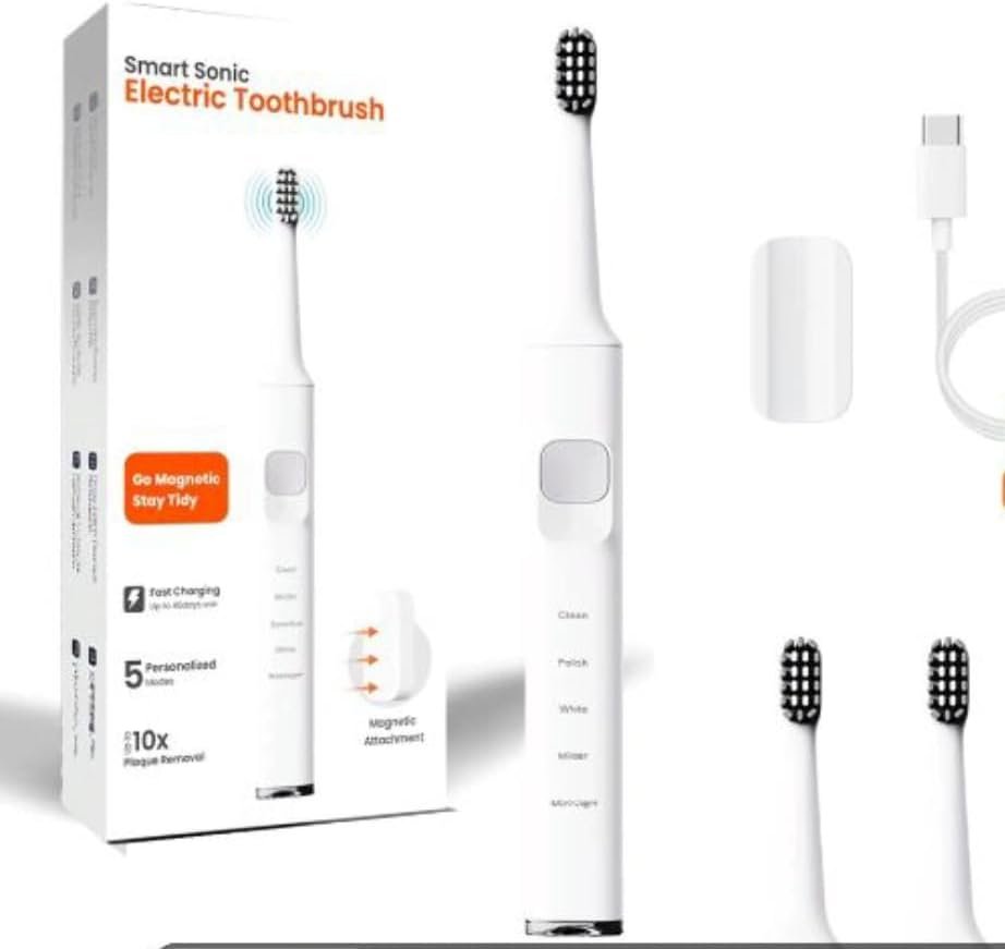 Smart Sonic Electric Toothbrush with Magnetic Attachment, 5 Modes, Fast Charging, White