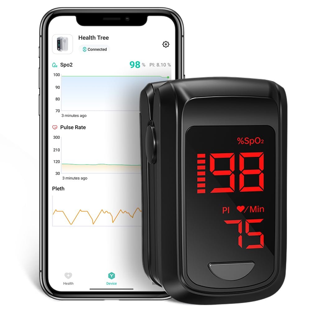 Fingertip Pulse Oximeter- HOLFENRY Pulse Oximeter Bluetooth Oximeter Oxygen Saturation Monitor for SpO2/Heart Rate/PI, with Auto Graph Display/Alarm/Dedicated App, Compatible with iOS&Android