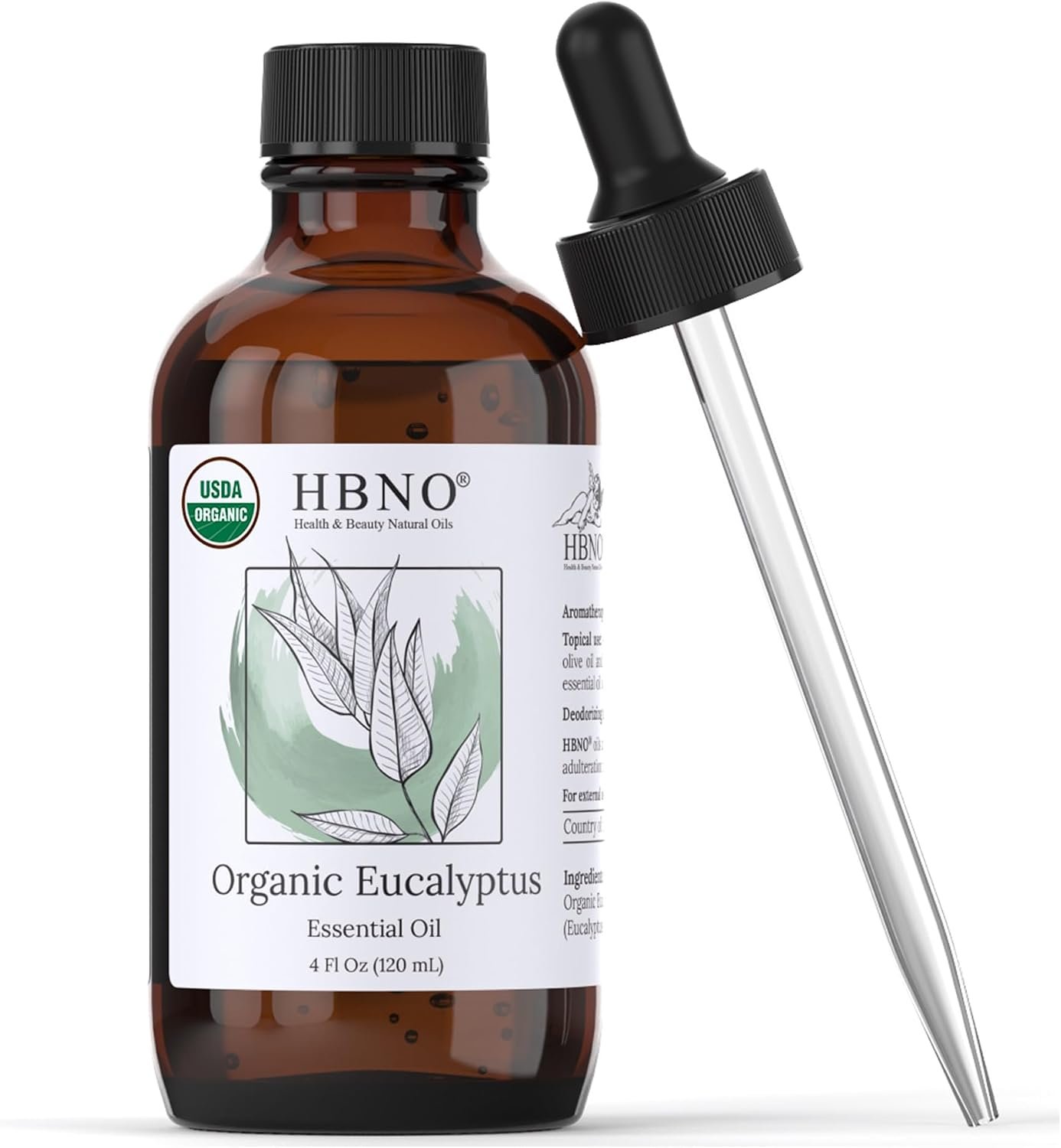 HBNO California Bottled Organic Eucalyptus Essential Oil (Globulus) – 4 fl oz (120ml) – USDA Certified Organic – Ideal for Diffuser, Hair, Face, Skin Care, Aromatherapy, Scalp & Body Massage