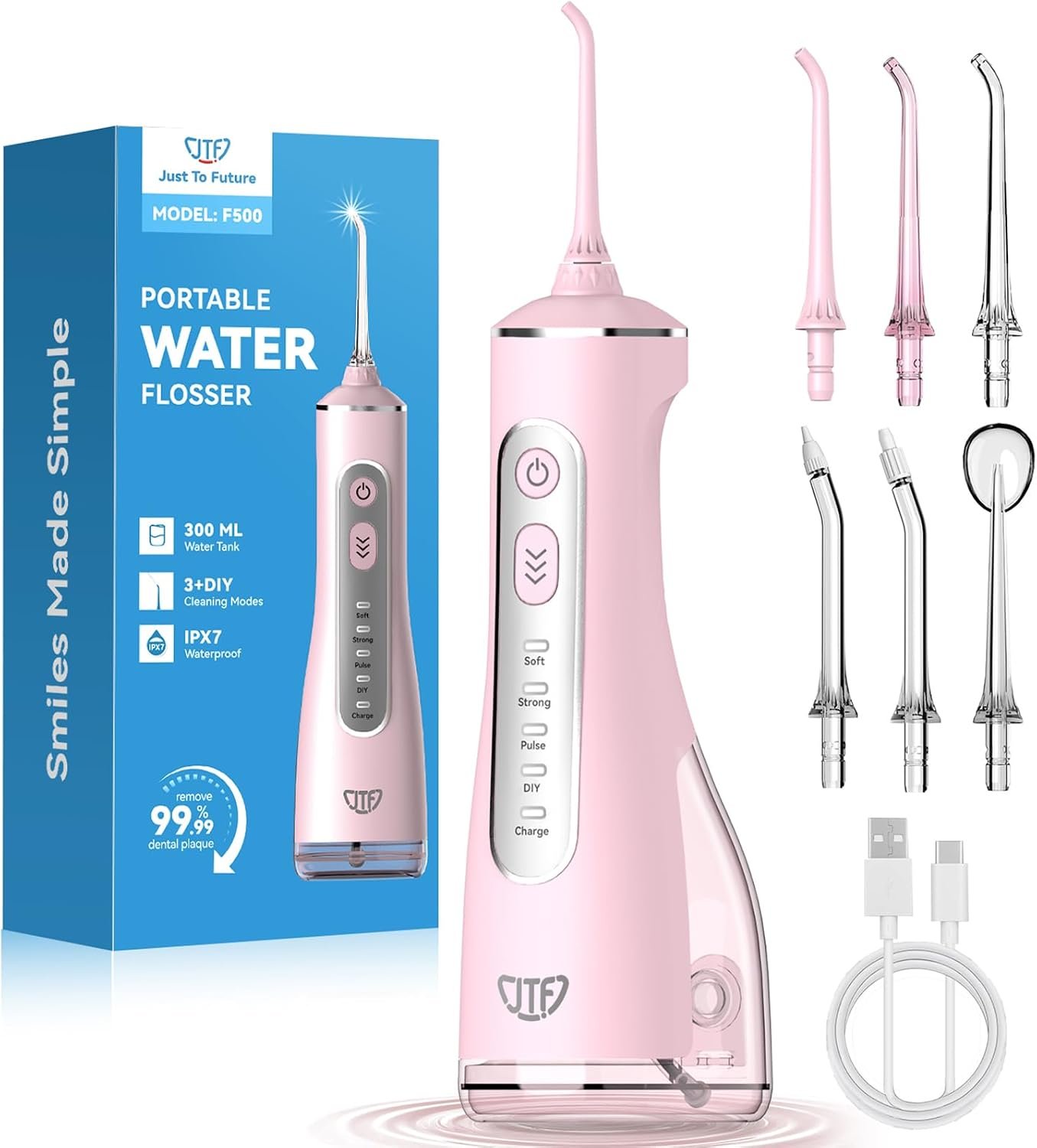 JTF Portable Water Flosser for Teeth: 3 Modes & 10 DIY Pressure Levels Cordless Oral Irrigator for Braces & Sensitive Gums – with 300ML Tank & 6 Tips, Rechargeable Electric Dental Pick