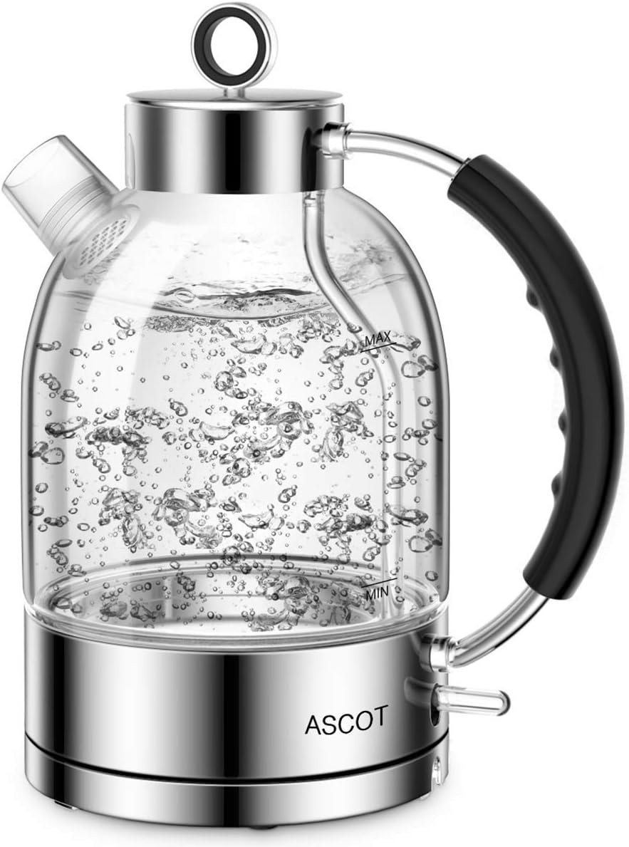 ASCOT Glass Electric Kettle, 1.5L Borosilicate Glass, 1500W, Silver