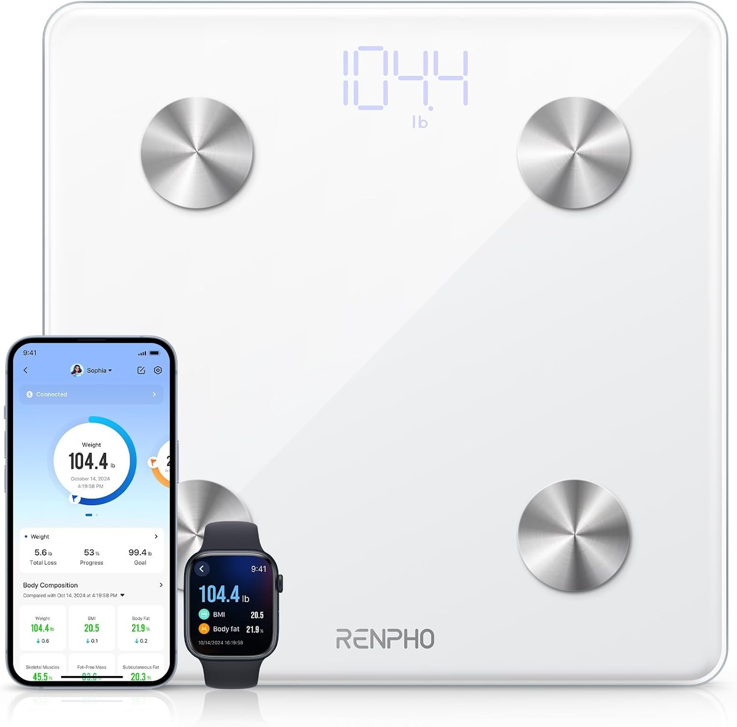 RENPHO Smart Scale, BMI & Body Fat, Bluetooth, 13 Metrics, White, Elis 1