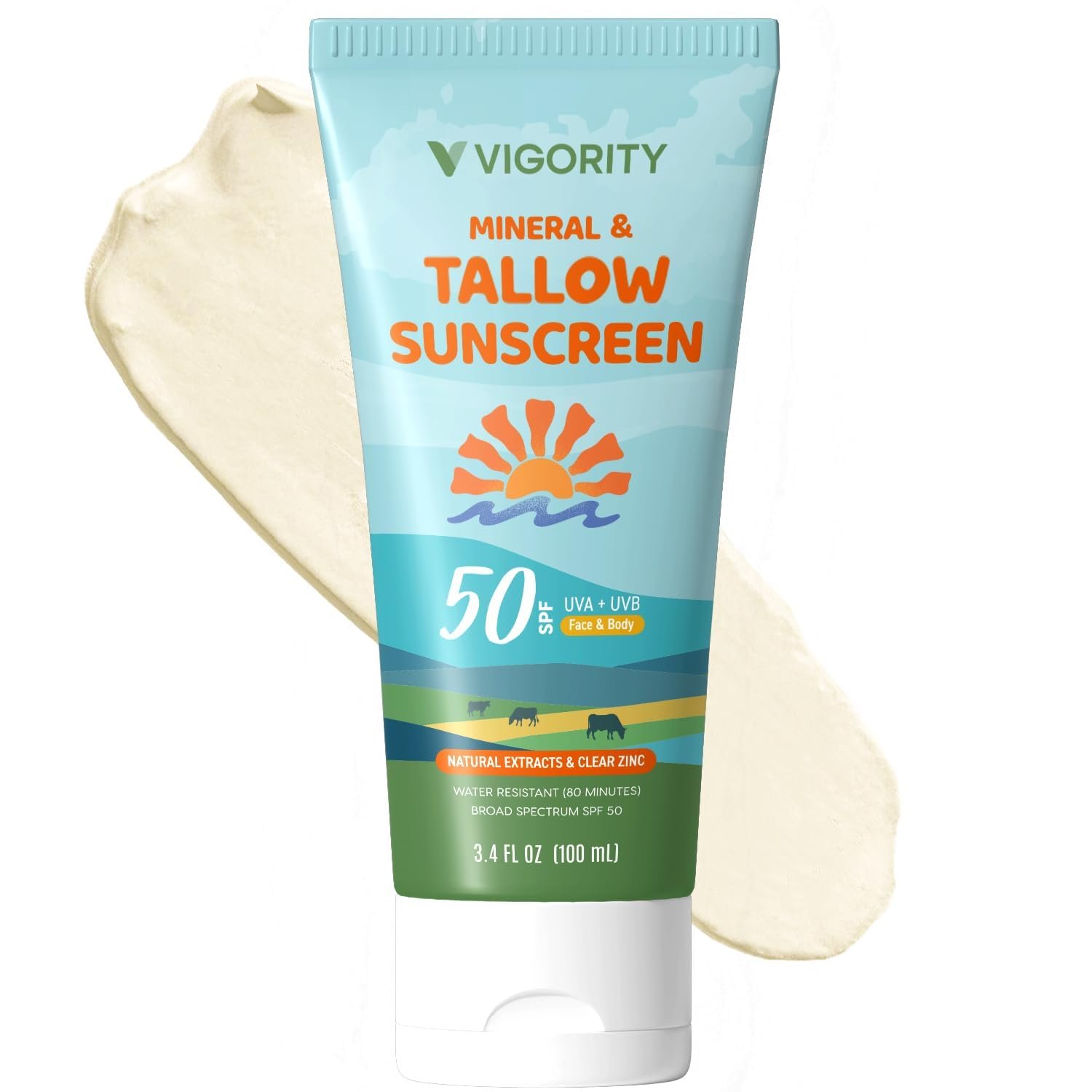 Vigority Tallow Sunscreen SPF 50 for Face & Body – Natural Grass-Fed Beef Tallow, Non-Nano Zinc Oxide – Moisturizing Mineral Sunblock, Non-Greasy & Non-Toxic, Reef Safe for Adults & Kids (3.4 oz)