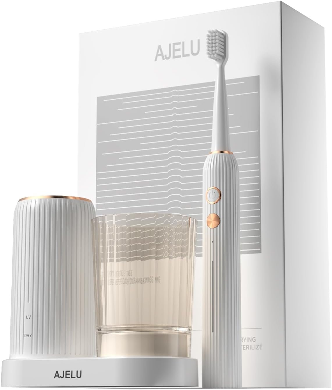 AJELU Electric Toothbrush Set with Drying & Sanitizing Holder, 8 Replacement Brush Heads, Transparent Rinse Cup, Smart Timer, USB Rechargeable for Adults