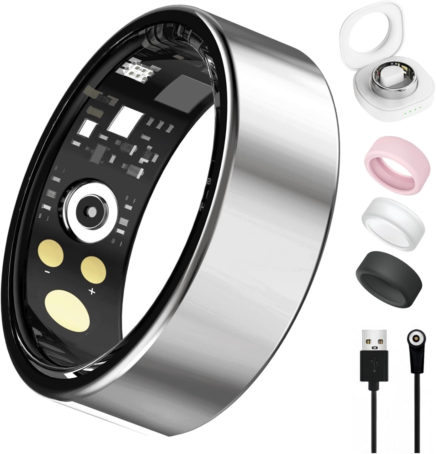 Smart Ring for Women Men, Health Tracker with Heart Rate/Blood Oxygen/Blood Pressure/Sleep Monitoring/Step Counting, IP68 Waterproof Fitness Ring, No App Fees for iPhone & Android (Silver, 7#)