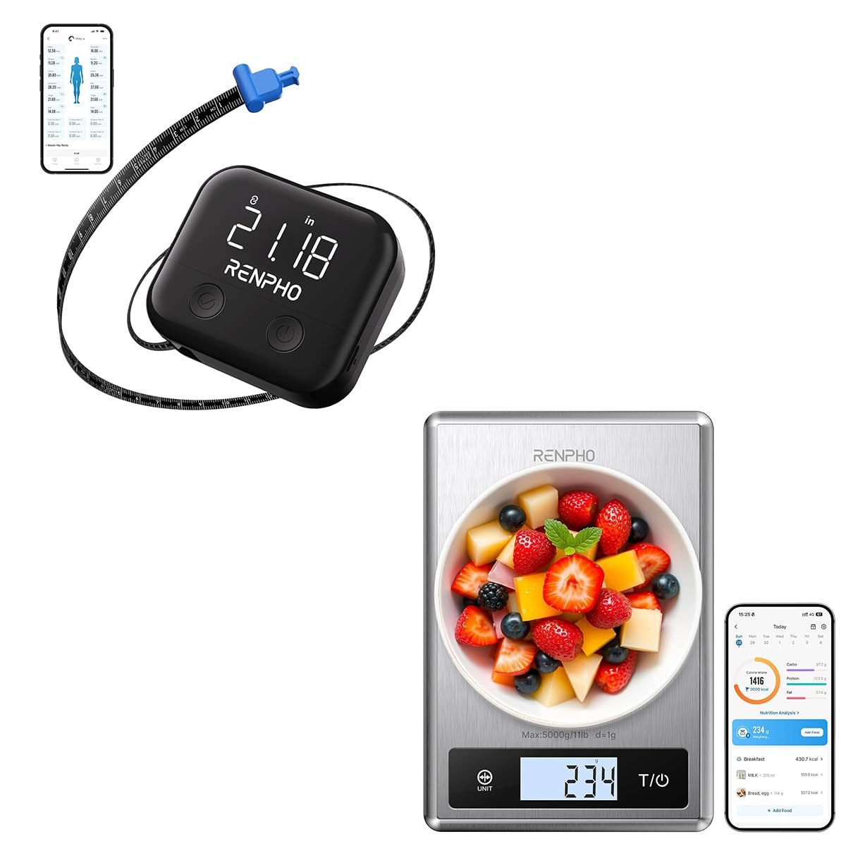 RENPHO Smart Body Measuring Tape, RENPHO Digital Food Scale with Nutritional Calculator, Smart Food Kitchen Scale