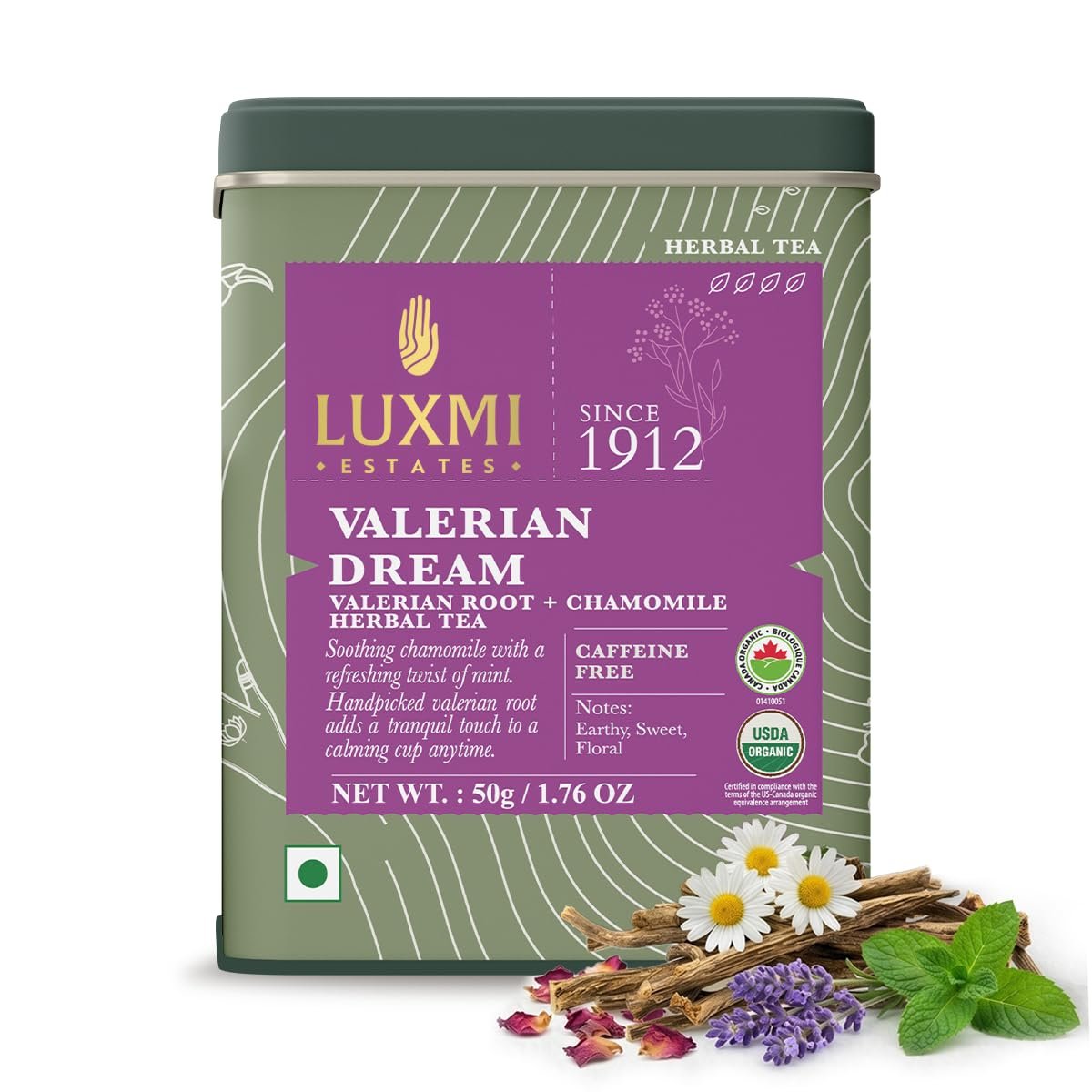 Luxmi Estates Organic Valerian Root, Chamomile, & Lavender Loose Leaf Tea 50g/1.76oz (25 cups) for Sleep | Caffeine Free Wellness Sleep Tea