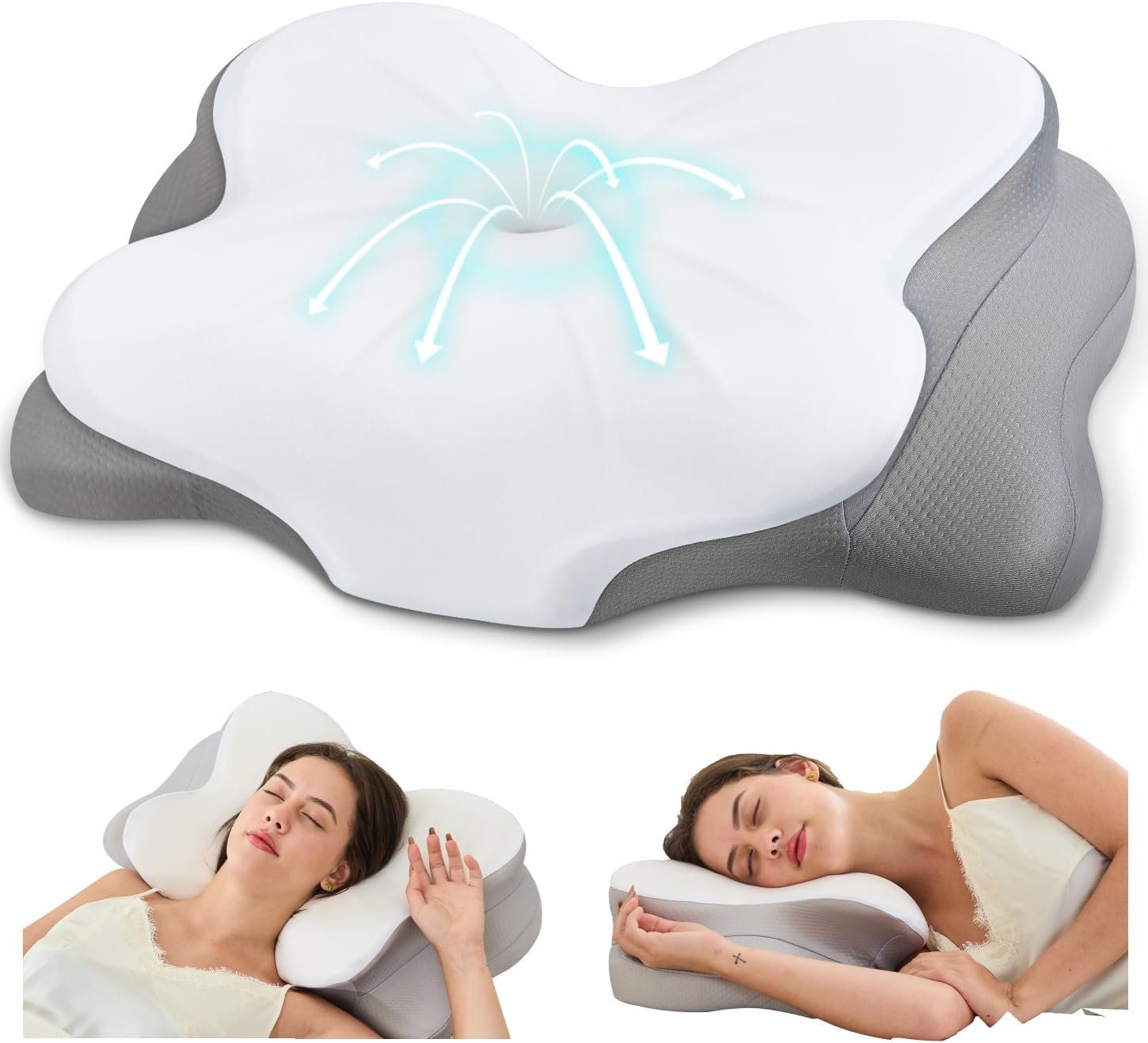 Cervical Neck Pillow, Memory Foam Pillow with Dual Height, White