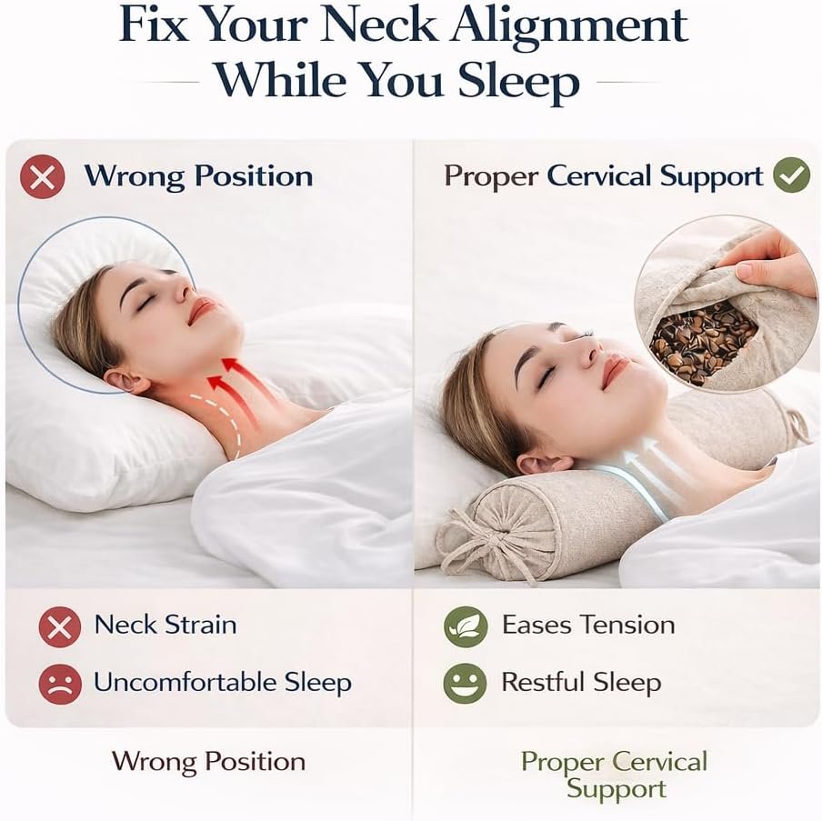 Buckwheat Pillow for Sleeping 3″ x 16″ Organic Cotton Adjustable Firm Cervical Roll Bolster Cylinder Recliner Neck Roll Pillow for Sleeping Pain Relief Round Neck Support Lumbar Bed Legs Back Yoga