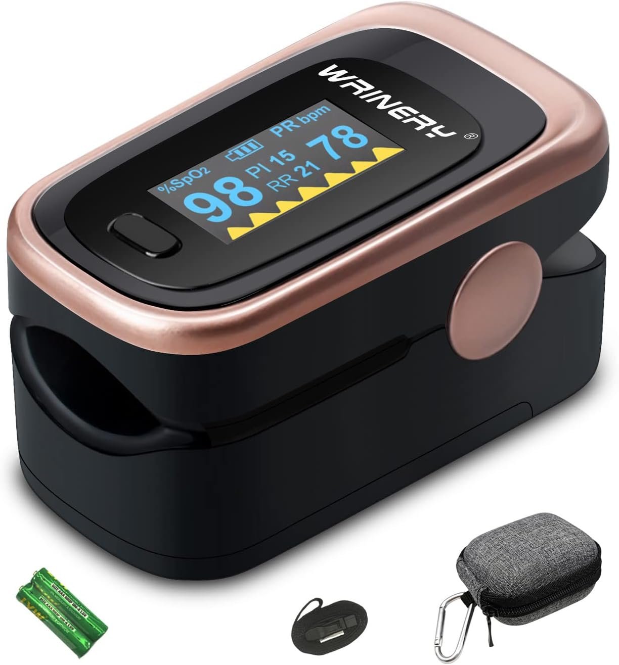 Oxygen Saturation Monitor, Wrinery Premium Pulse Oximeter Fingertip, Oxygen Monitor, O2 Saturation Monitor, OLED Portable Oximetry with Batteries, Lanyard (Rose gold-Royal black)