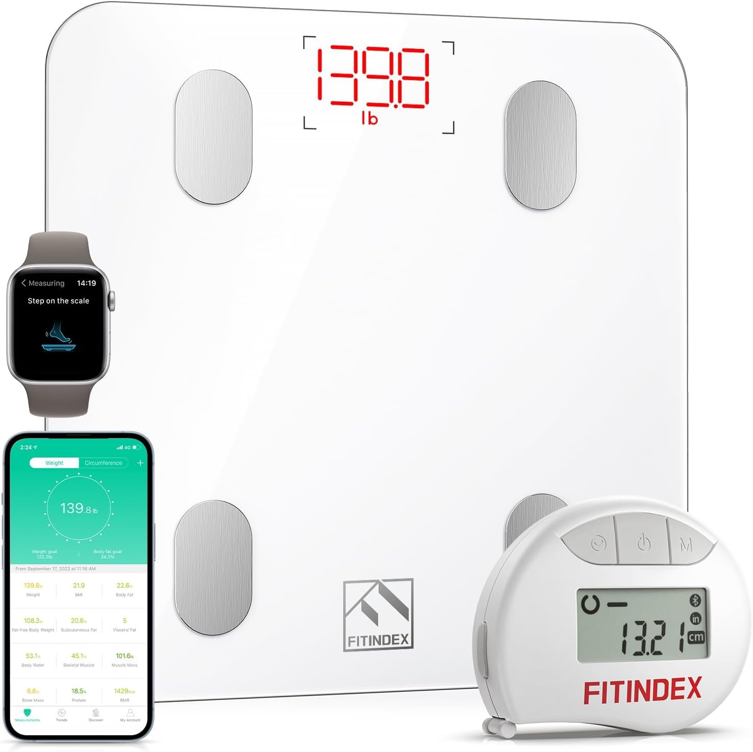 FITINDEX Smart Scale and Tape Measure, Digital Bathroom Scale & Body Tape Measure Sync with APP, Bluetooth Weighing Machine, Body Composition Analyzer, for Health Care