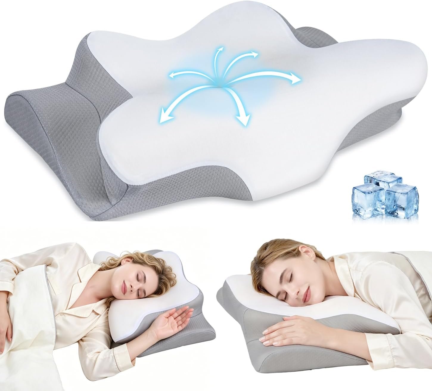 Cervical Neck Pillow, Memory Foam Pillows for Neck, 2 Heights Ergonomic Pillow with Breathable Ice Silk Cover,White