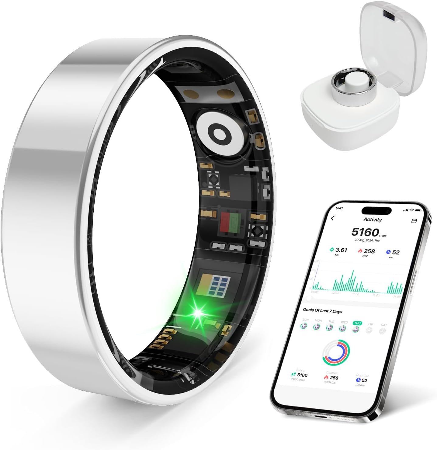 Smart Ring Health Monitor for Sleep Stress Exercise Tracking, IP68 Waterproof, Long Battery Life, No Subscription, Works with iOS Android, Suitable for daily use, exercise and play. (Silver, 8)