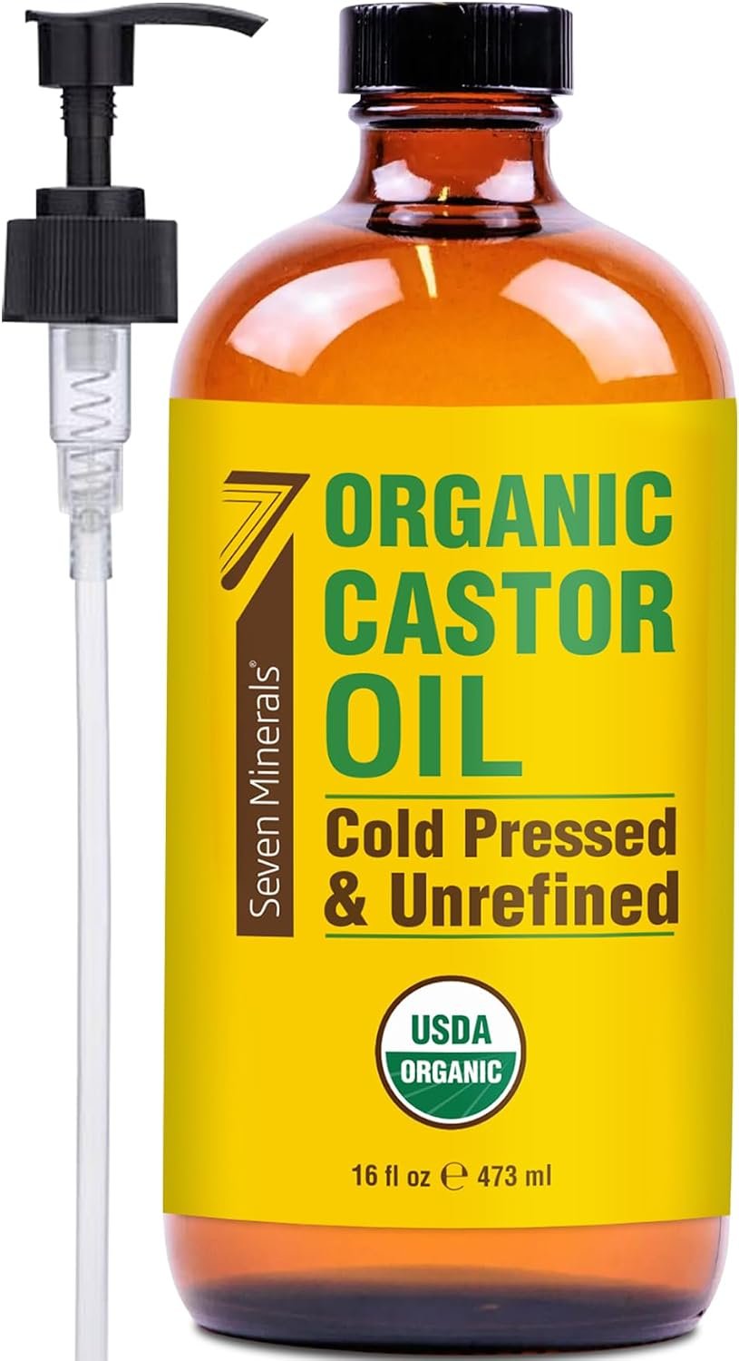 Seven Minerals USDA Organic Castor Oil – Big 16 oz Glass Bottle with Pump – 100% Pure Cold Pressed Unrefined Hexane Free – for Hair Growth, Eyelashes, Eyebrows, Skin, Cuticles & Caster Oil Packs
