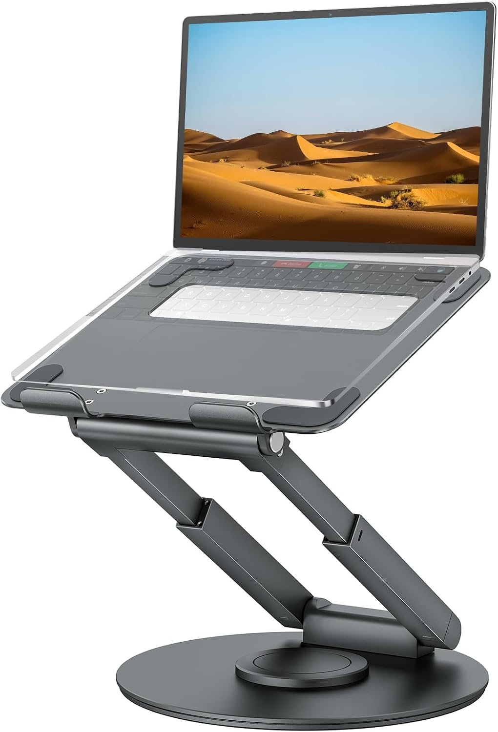 tounee Telescopic Laptop Stand for Desk with 360° Swivel Base, Sit to Stand, Height Adjustable, Portable Riser Holder for Good Posture, Compatible with MacBook Pro, All Laptops 10-17″-Gray