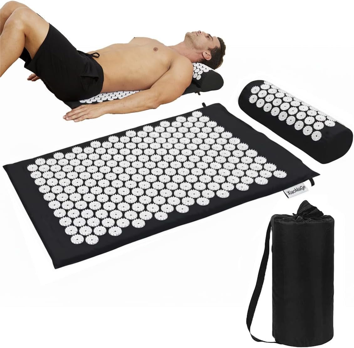 XiaoMaGe 28.7″ Acupressure Mat and Pillow Set with Carry Bag (Black)