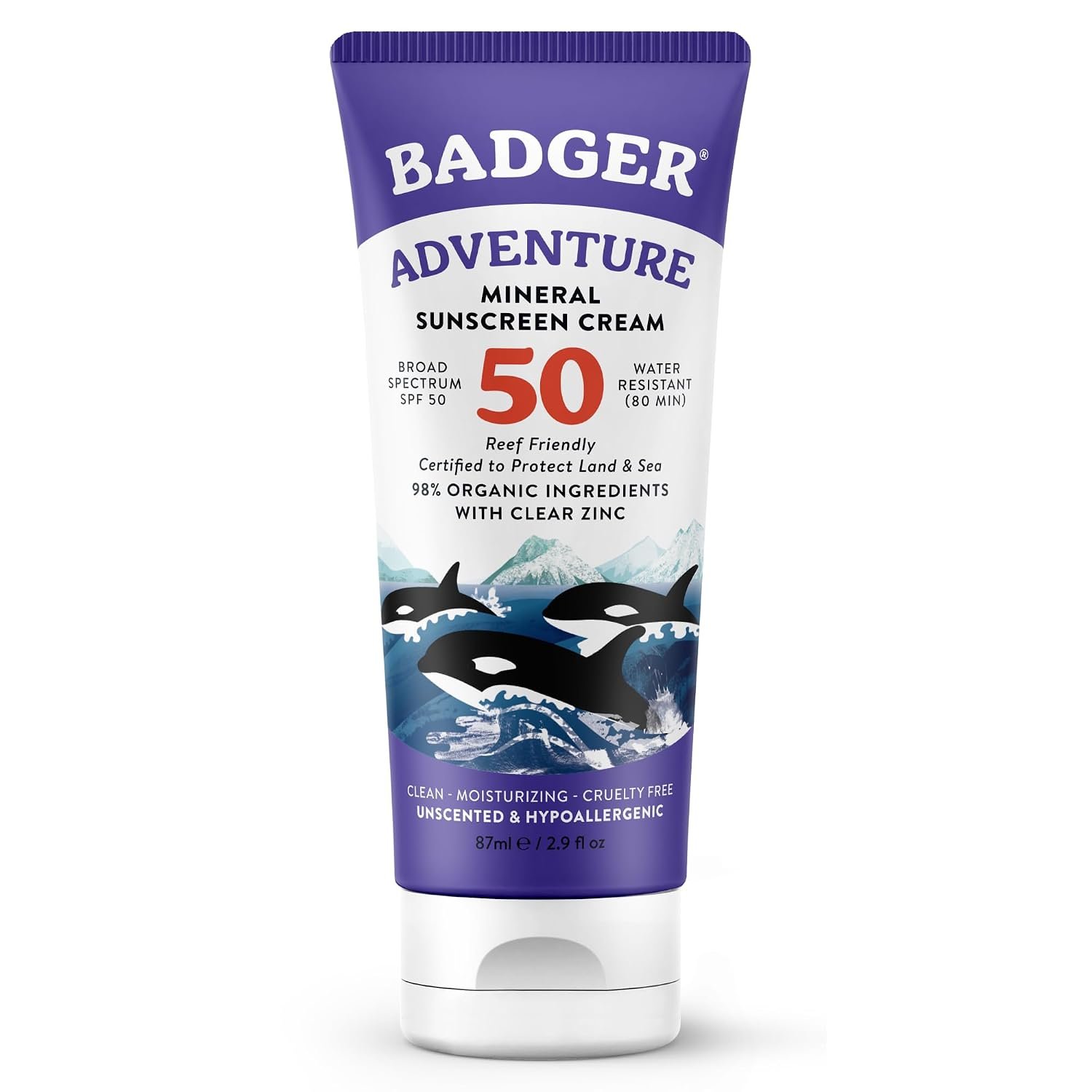 Badger Reef Safe Mineral Sunscreen SPF 50, Zinc Oxide, 2.9 fl oz
