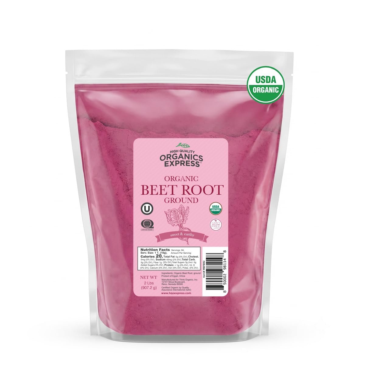 HQOExpress Organic Beetroot Powder – Organic Superfood – Nitric Oxide Booster – Non-GMO – Kosher – Sustainably Grown – 34oz Chef Jar