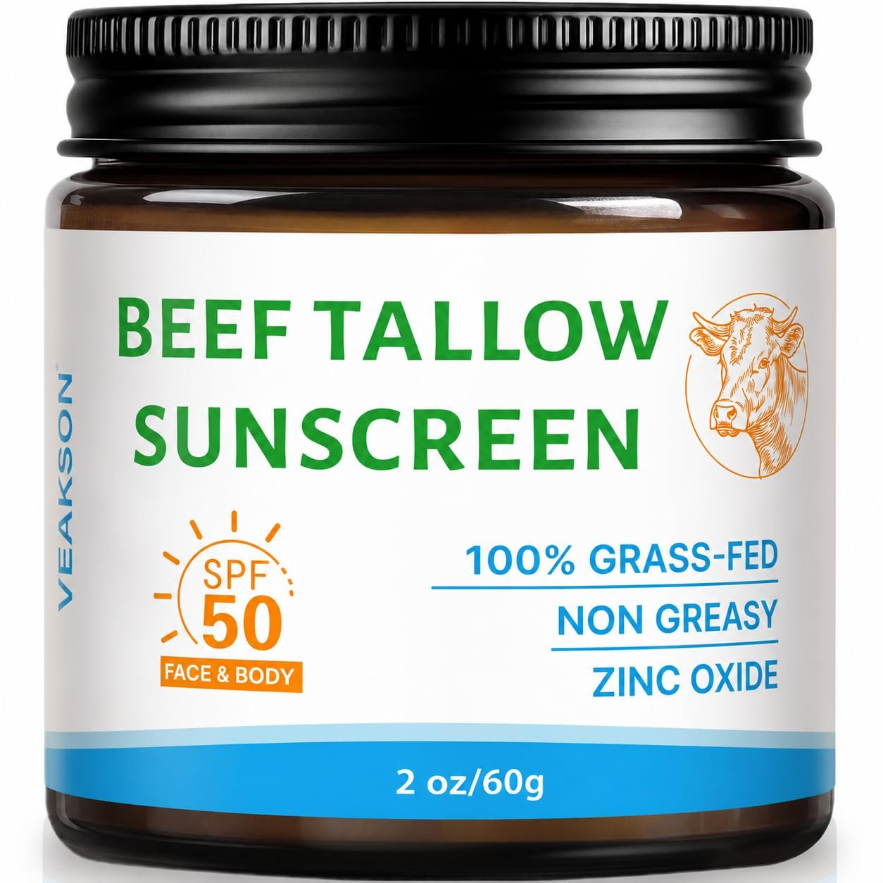 Beef Tallow Sunscreen SPF 50, Organic Grass-Fed Tallow Sunscreen with Non Nano Zinc Oxide, Natural Non-Greasy Formula for Face & Body, Water Resistant, Adult & kids, Reef Safe, Unscented, 60g