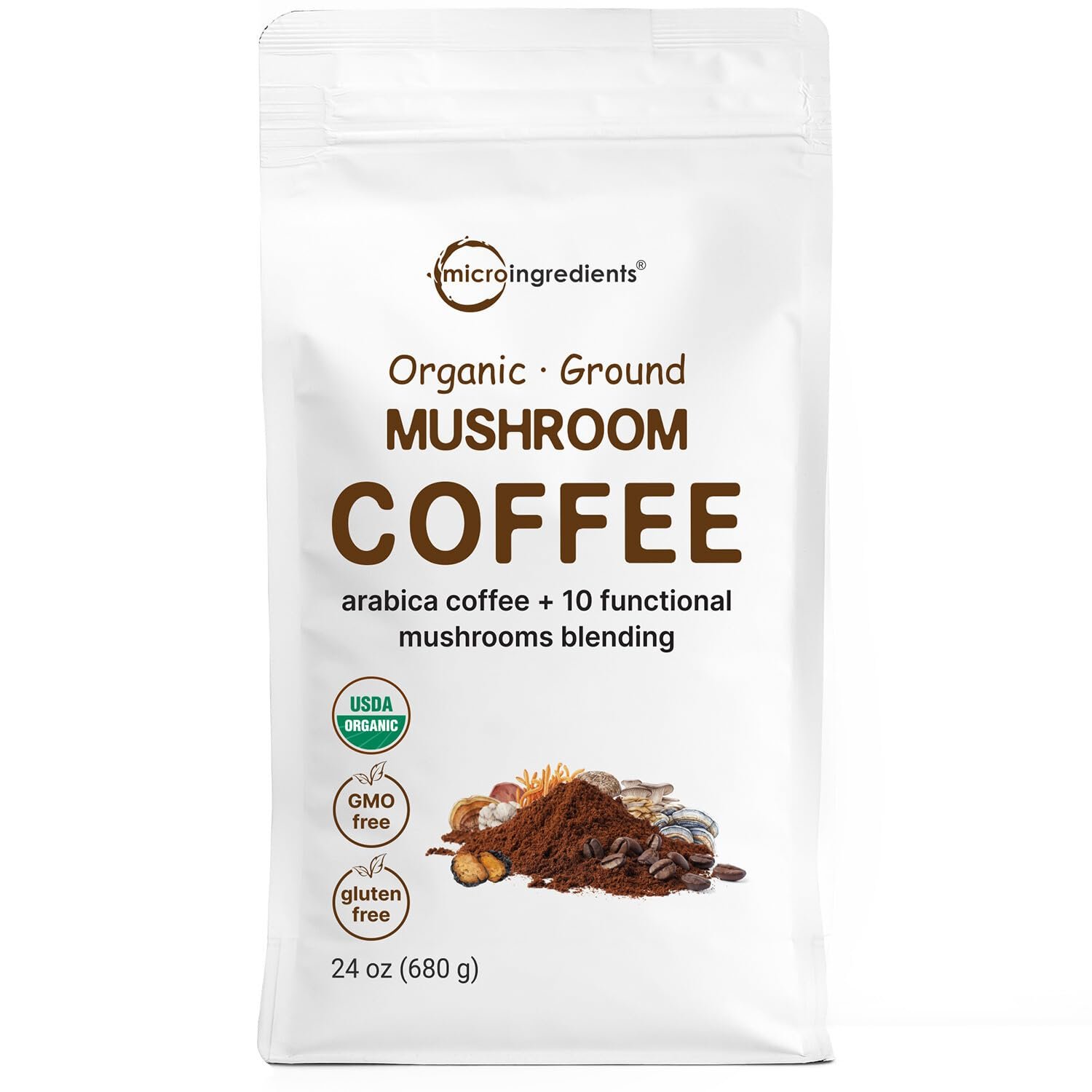 Micro Ingredients Organic 10 in 1 Ground Mushroom Coffee, 24 Ounce | Premium Arabica Coffee with Lion’s Mane, Chaga, Reishi, & More | Smooth Medium Roast, Clean Energy, & Immune Support