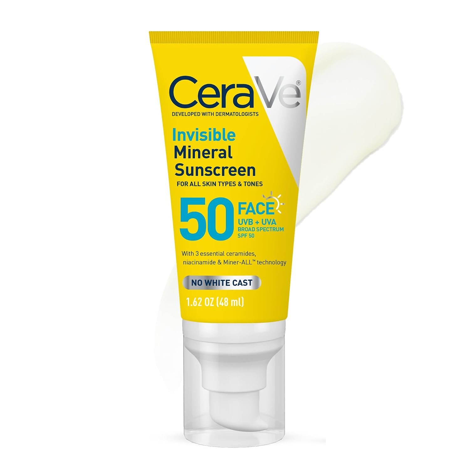 CeraVe Invisible Mineral Sunscreen SPF 50, Face Sunscreen, 1.62oz