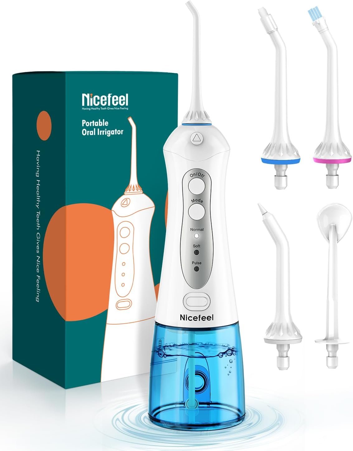 Nicefeel Water Flosser, 300ML Portable Water Dental Pick Cordless for Teeth, Braces, Sensitive Gum, Oral Irrigator for Travel & Home with 5 Jet Tips & 3 Modes, Rechargeable, IPX7 Waterproof