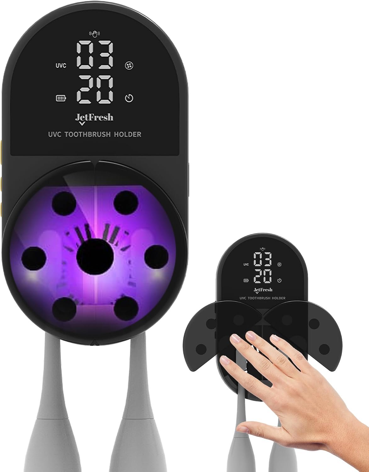Jetfresh UV Toothbrush Sanitizer and Holder with Fan Drying | Wall Mounted UV-C Toothbrush Cleaner | Tooth Brush Sanitizer Holder Auto Shut-Off, USB Rechargeable, Fits All Brushes.