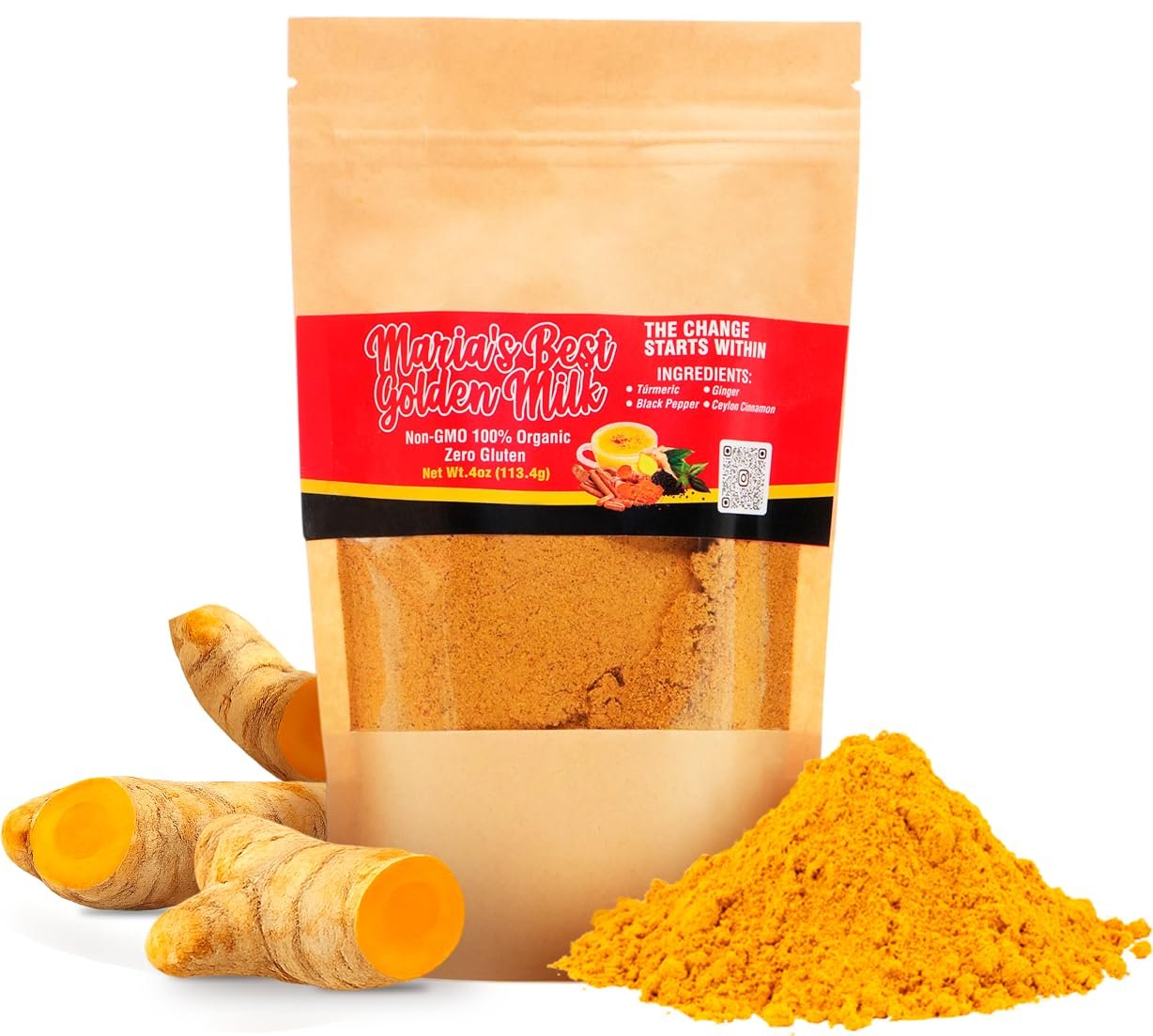 Maria’s Best Golden Milk – Powder Organic Turmeric, Ginger, Ceylon Cinnamon and Black Pepper Blend – for a comforting & aromatic Golden Moment – Turmeric Drink Mix for Golden Milk Beverage – 4 oz (4oz)