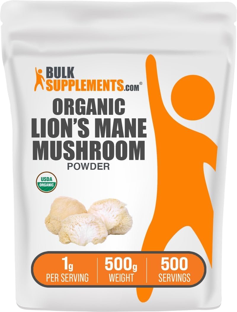BulkSupplements.com Organic Lions Mane Mushroom Powder – Lions Mane Powder, Mushroom Supplement – Vegan & Gluten Free, 1g per Serving, 500g (1.1 lbs) (Pack of 1)