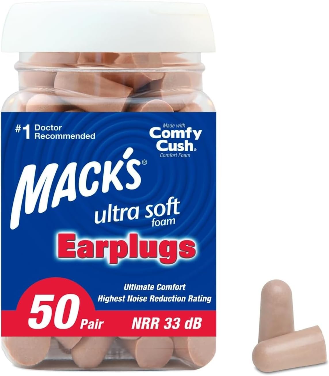 Mack’s Ultra Soft Foam Earplugs, 50 Pair – 33dB Highest NRR | Made in USA