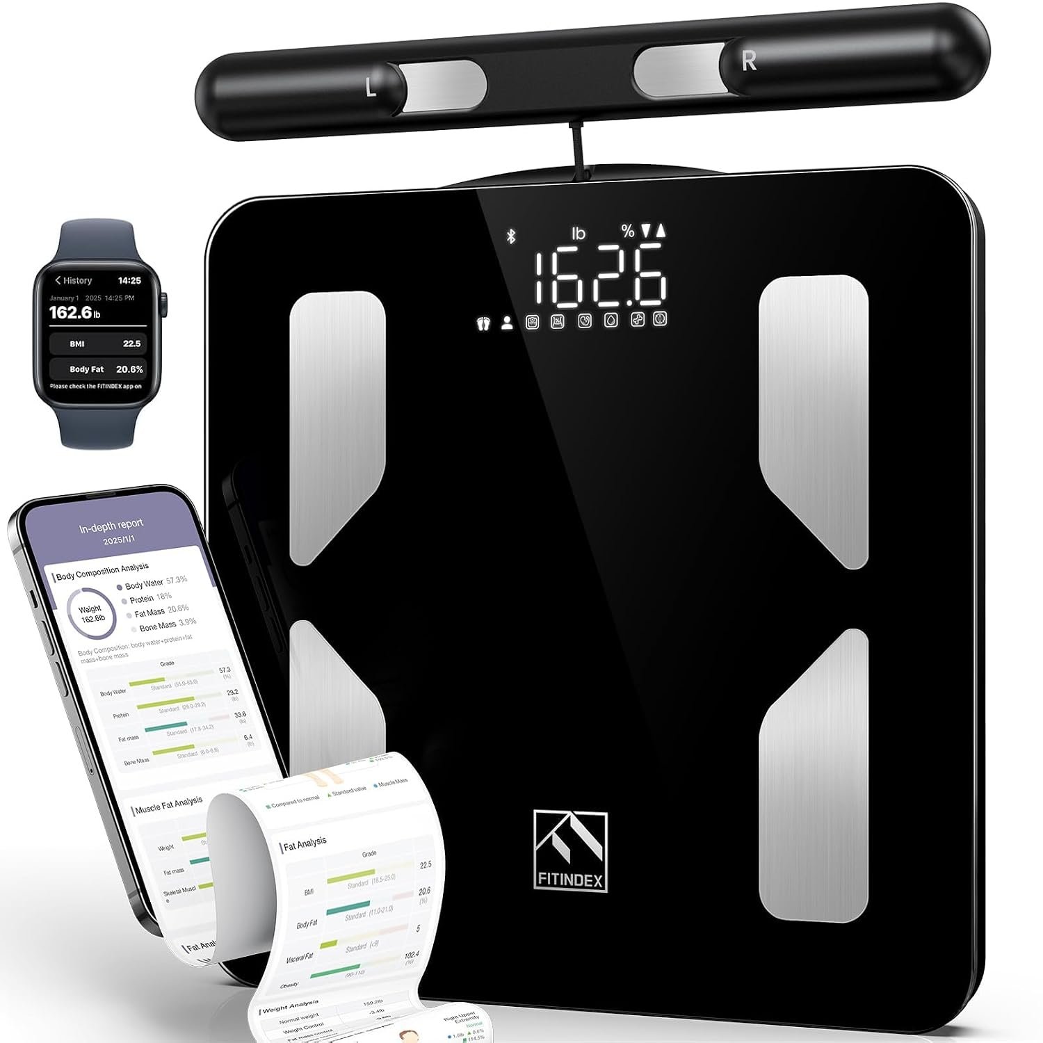 FITINDEX Body Pod Smart Scale, 8-Electrode, BMI & Body Fat, Large Platform