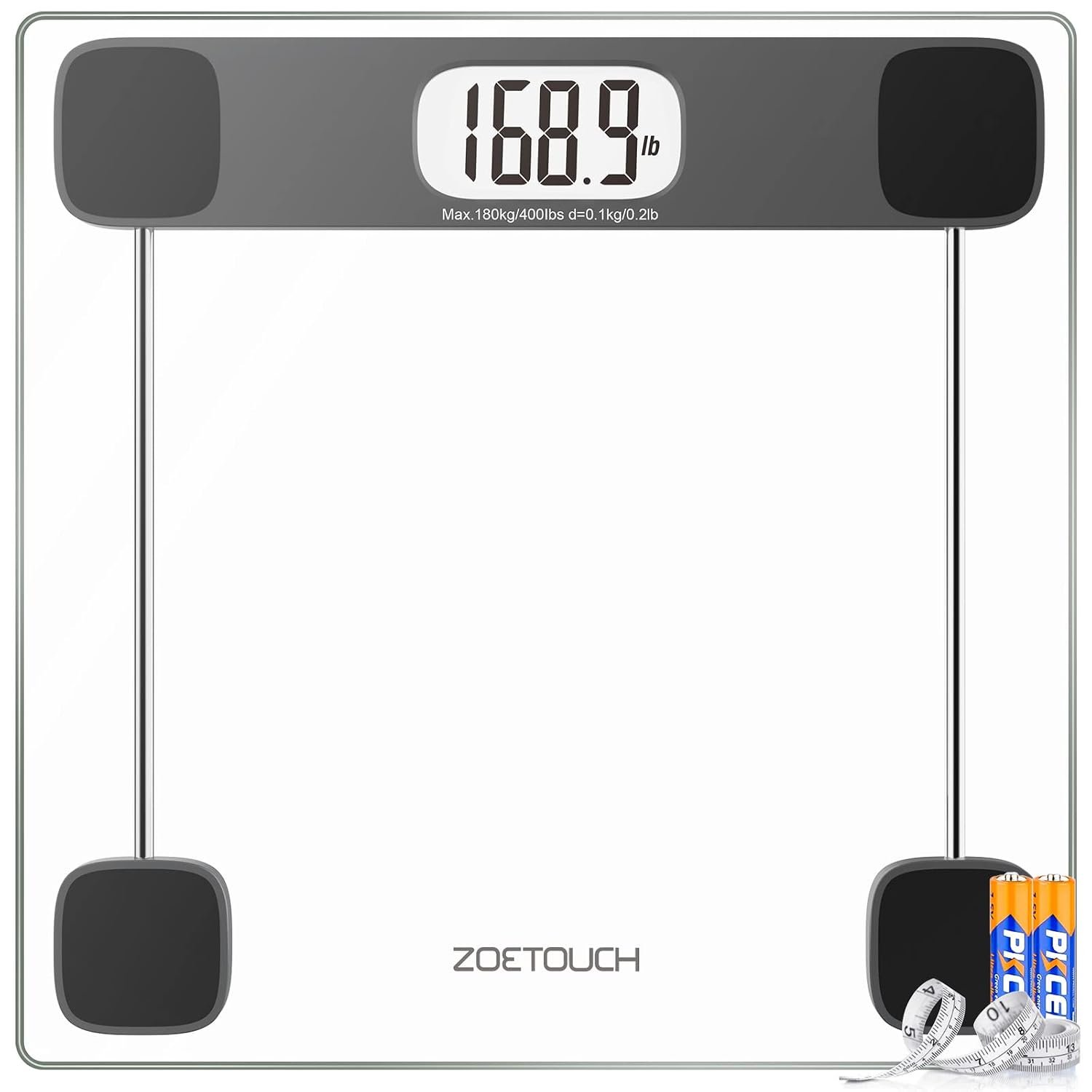 ZOETOUCH Scale for Body Weight, Accurate Bathroom Scales, Digital Weighing Machine for People, 400lb Capacity, LCD Display, Step-On Technology, Tempered Glass, Measuring Tape Included