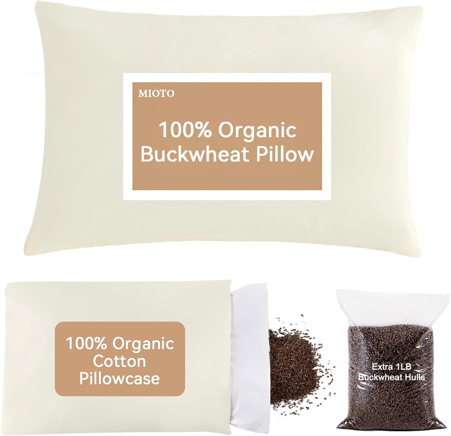 MIOTO Organic Buckwheat Pillow for Sleeping with Extra Cotton Pillowcase and Extra Tartary Buckwheat Hulls, Adjust Height and Firmness, Neck Support Pillow for Back and Side Sleepers, Off White