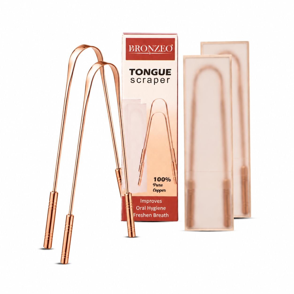 100% Pure Copper Tongue Scraper, 130mm Height, 7.5mm Curve Width, 41mm Handle Length, 2 Pack with Storage Cases