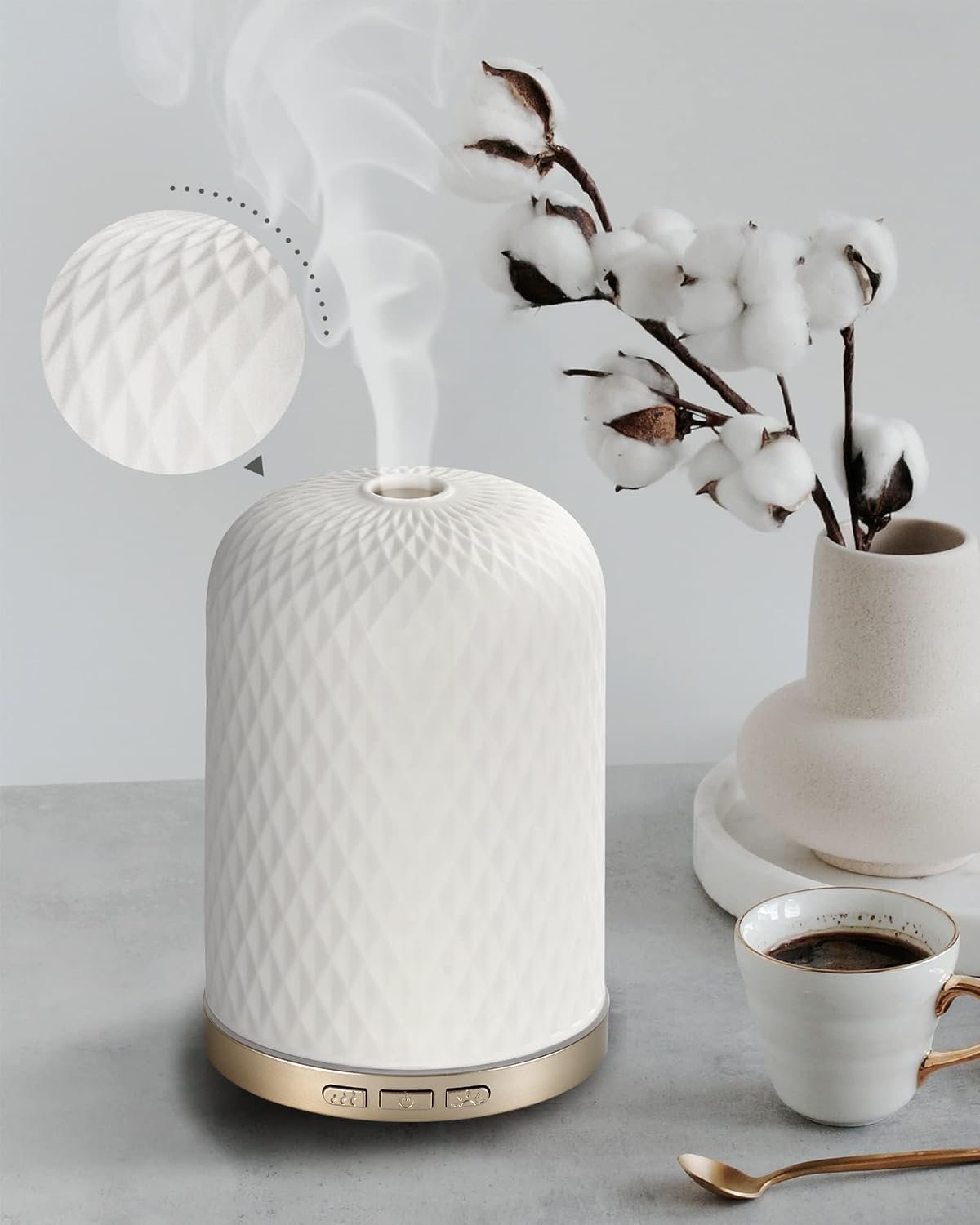 Essential Oil Diffuser – 2.4 MHz Ultrasonic Ceramic Diffuser with Pulse/Continuous Mist & 3 Night Light Modes, Waterless Auto-Off, Silent Aromatherapy Diffuser for Home, Office, Gifting & Home Decor