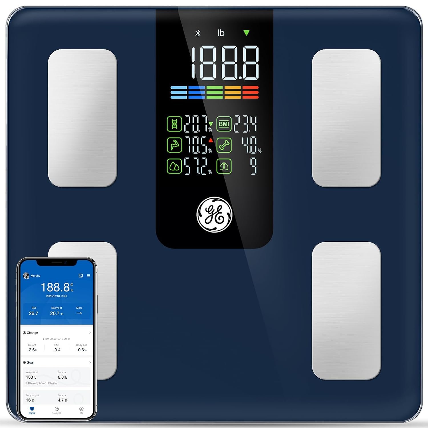 GE Smart Scale for Body Composition, Weight, BMI, 500lb, Large 11.8-Inch