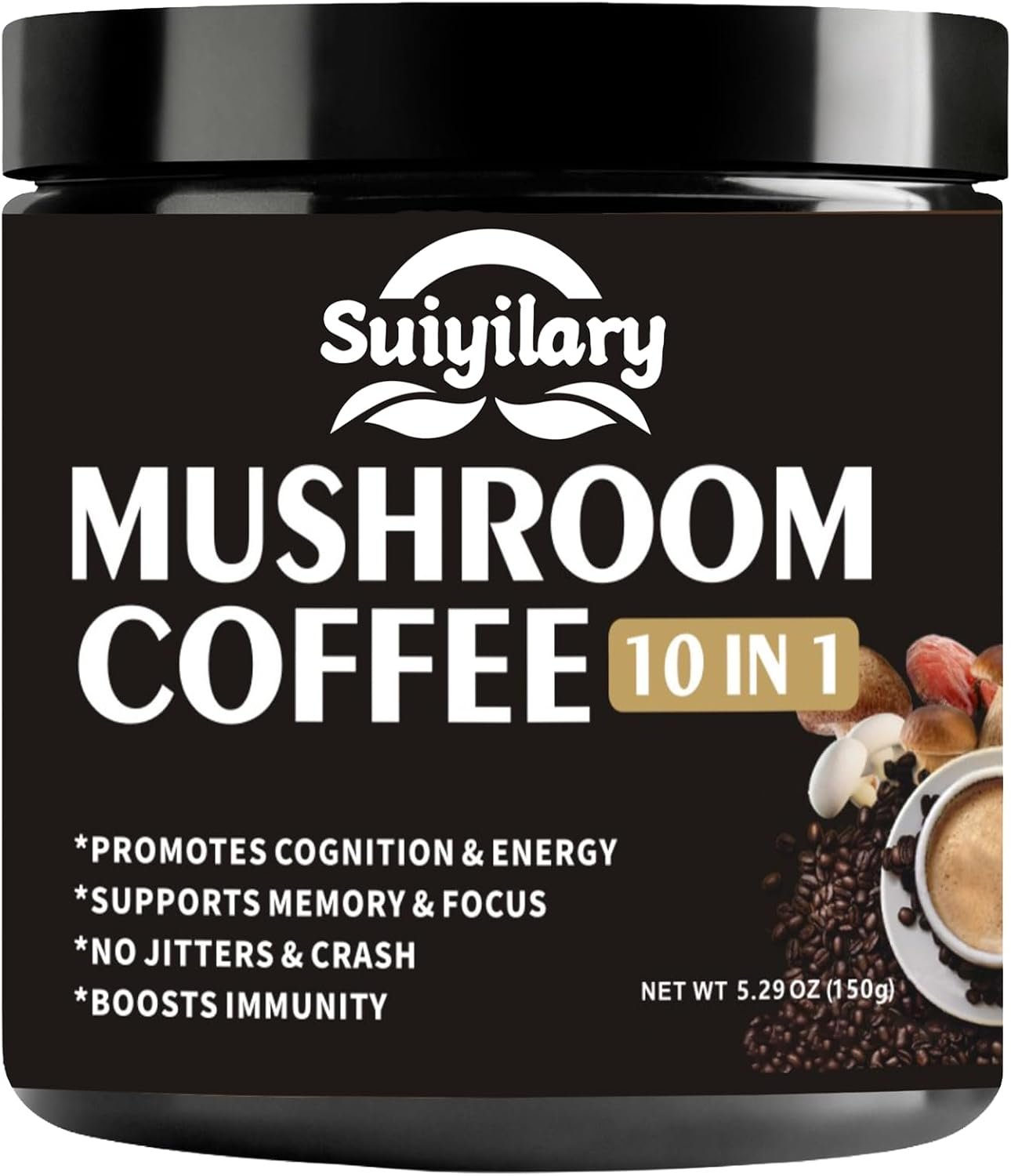 Suiyilary Mushroom Coffee, 10 Mushroom Extract Powder Blend Lion’s Mane, Reishi, Chaga, Cordyceps, Turkey Tail, Brain Supplements with Instant Coffee for Energy, Focus, Memory and Immunity 150g