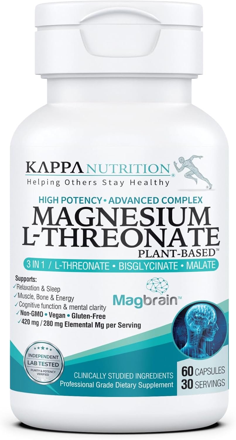 Magnesium L-Threonate Plant-Based 3 in 1 Powered by Magbrain® Magnesium L-Threonate Plant-Based | Magnesium Bisglycinate & Magnesium Malate | Up to 420 mg Elemental Magnesium | 60 Vegan Capsules.