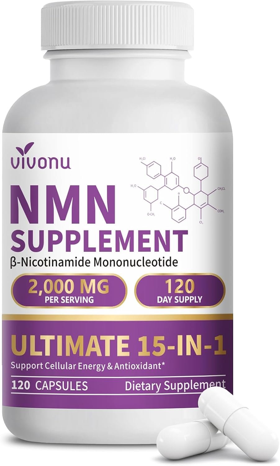 15-in-1 Liposomal NMN Supplement, 2000mg per* Serving*, 120 Day Supply, 99% Pure, NAD+ NMNH Alternative with Nicotinamide Mononucleotide, Resveratrol, TMG, CoQ10, Quercetin & Glutathione, 120 Capsules