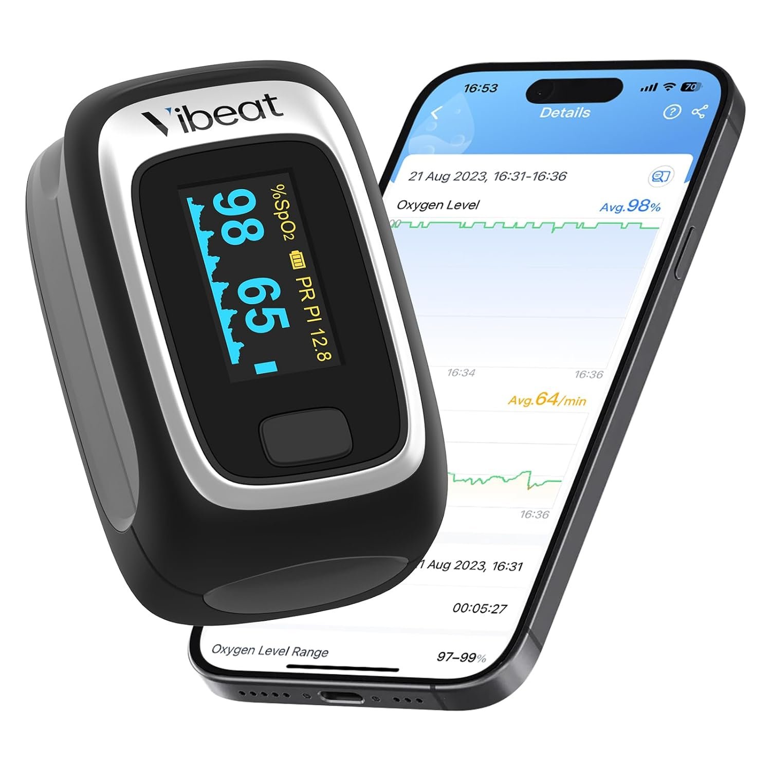 Bluetooth Fingertip Pulse Oximeter, Vibeat SPO2 Monitor with Vihealth APP, Portable Finger Oxygen Sensor with Pulse Rate, Batteries and Lanyard Included, Black