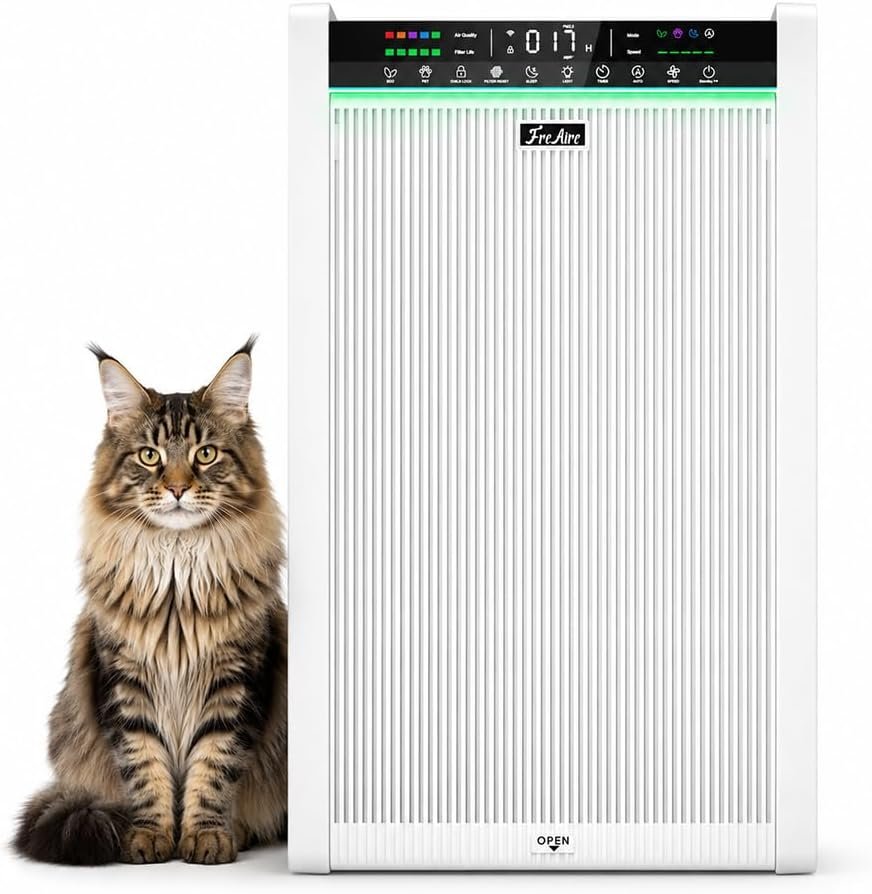 FreAire HEPA Air Purifier for Home Pets and Large Room, Pet Mode, Washable Pre-Filter, PM2.5 Display, WiFi App, Pure White