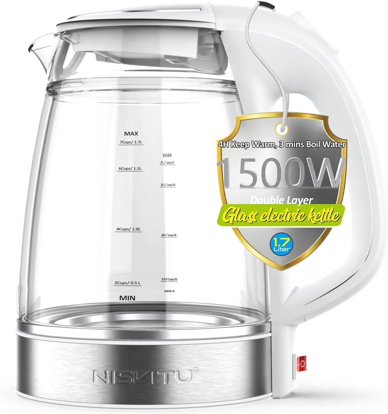 NISVITU 1.7L Dual Wall Cool Touch BPA-Free Electric Kettle, White