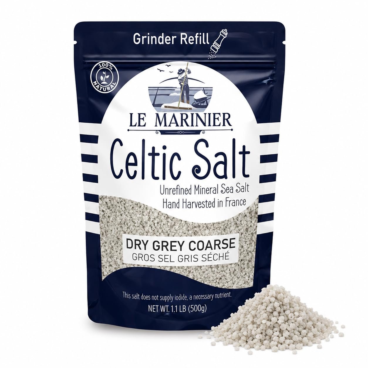 Le Marinier French Sea Salt Dry Grey Coarse, 1.1lb – 18oz (500g). Mineral Rich 100% Natural and Unrefined. Perfect for Grinders. Coarse Celtic Salt Organic. Hand Harvested Mineral Salt (1.1lb Dry Grey)