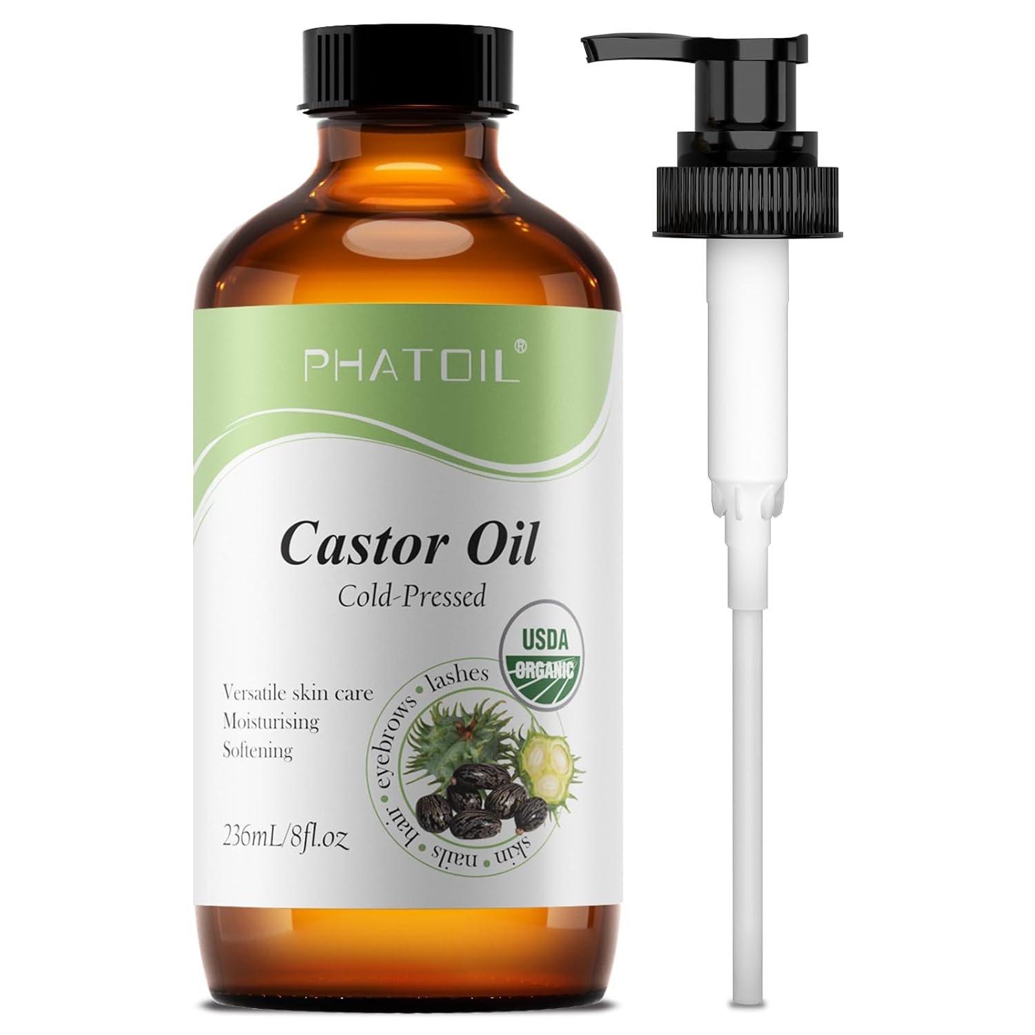 PHATOIL Organic Cold Pressed Castor Oil USDA Certified, 8fl.oz Glass Bottle