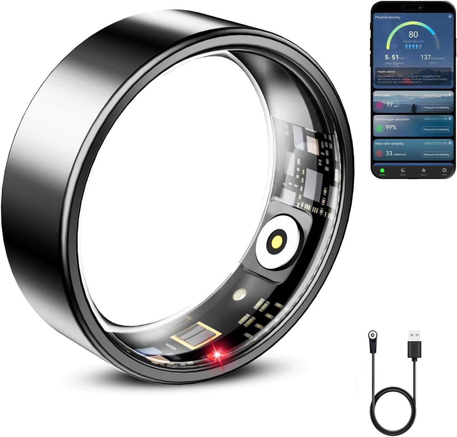 Mirlray Smart Ring for Women & Men, Smart Ring Health Tracker, Blood Oxygen & Heart Rate Monitor, Waterproof Fitness Ring (R02C, Black, 10)