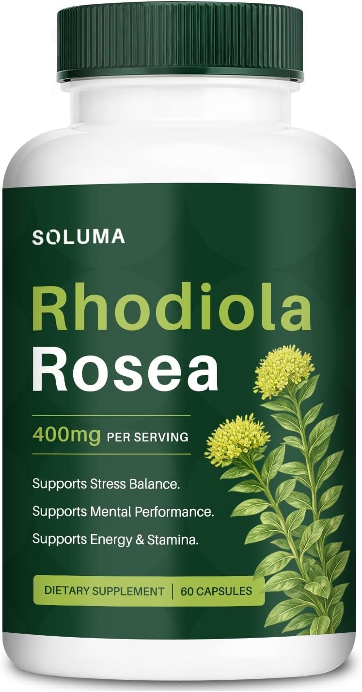 soluma Rhodiola Rosea 400mg Capsules, Adaptogen Supplement for Stress, Focus & Energy Support, Non-GMO, 60 Capsules